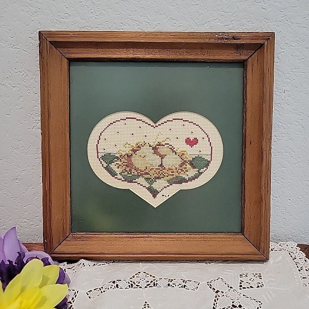VTG Needlepoint Framed Signed Art Handmade USA Heart Nest Cottage Country Farm